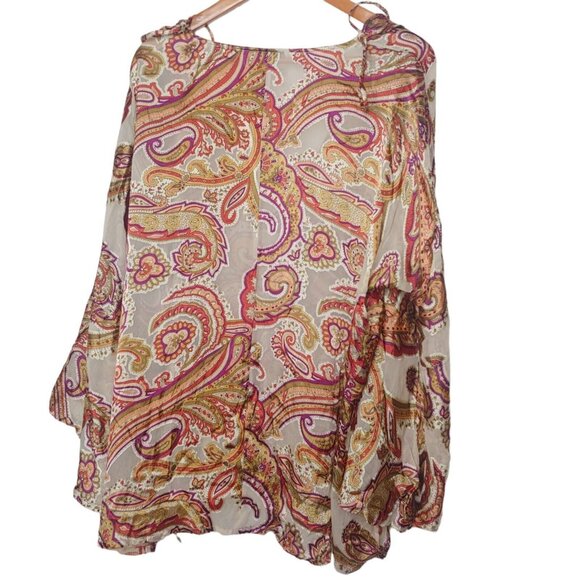 Ulla Popken Womens Plus 20 22 Blouse Brown Paisley Bell Slv Rayon Silk V Neck - Picture 5 of 9